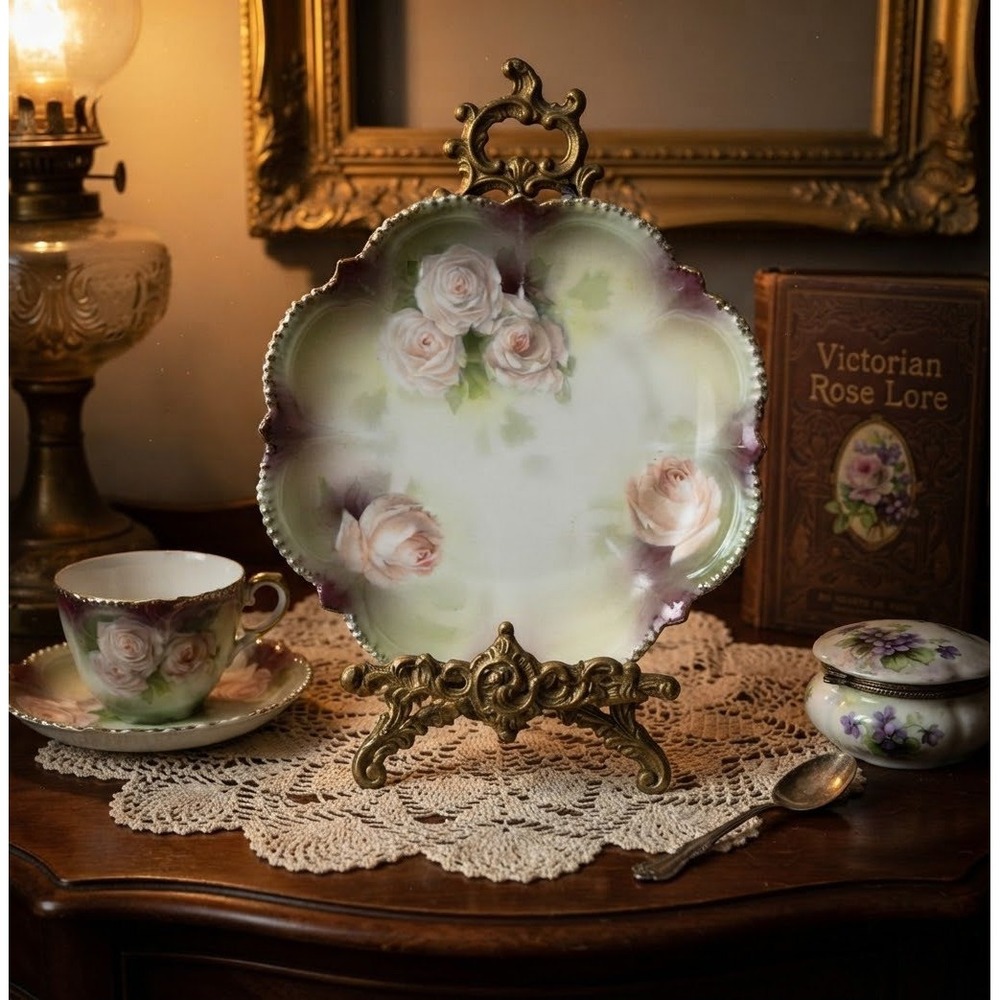 Antique German Porcelain Rose Plate C.1900 Scalloped Gilt Edge 6 Inch